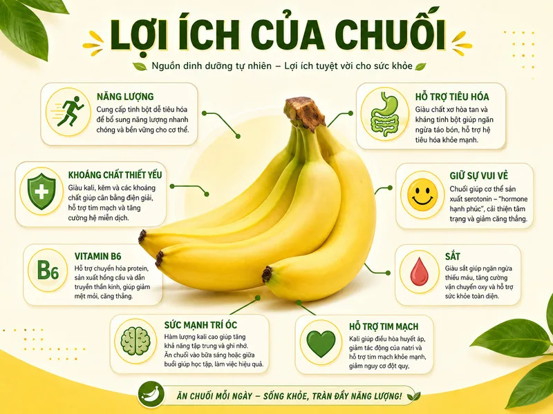 Lợi ích của chuối đến từ nguồn carbohydrate, chất xơ và kali, giúp bổ sung năng lượng và nhiều dưỡng chất cần thiết cho cơ thể.